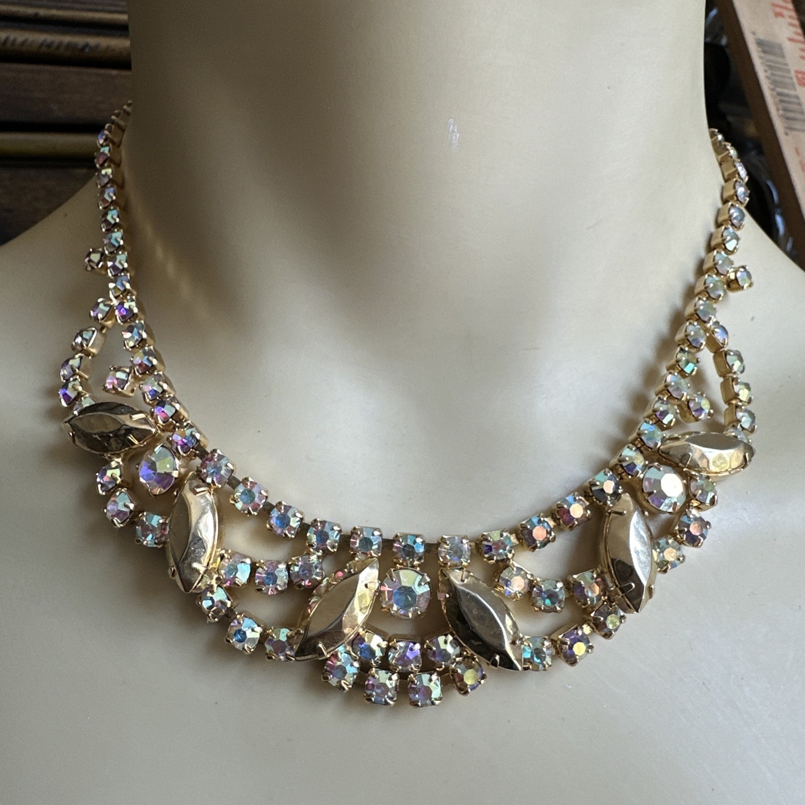 Vtg 1950s Bib Choker Necklace 14 Inch Aurora Borealis Rhinestones Sparkly Gold 60$